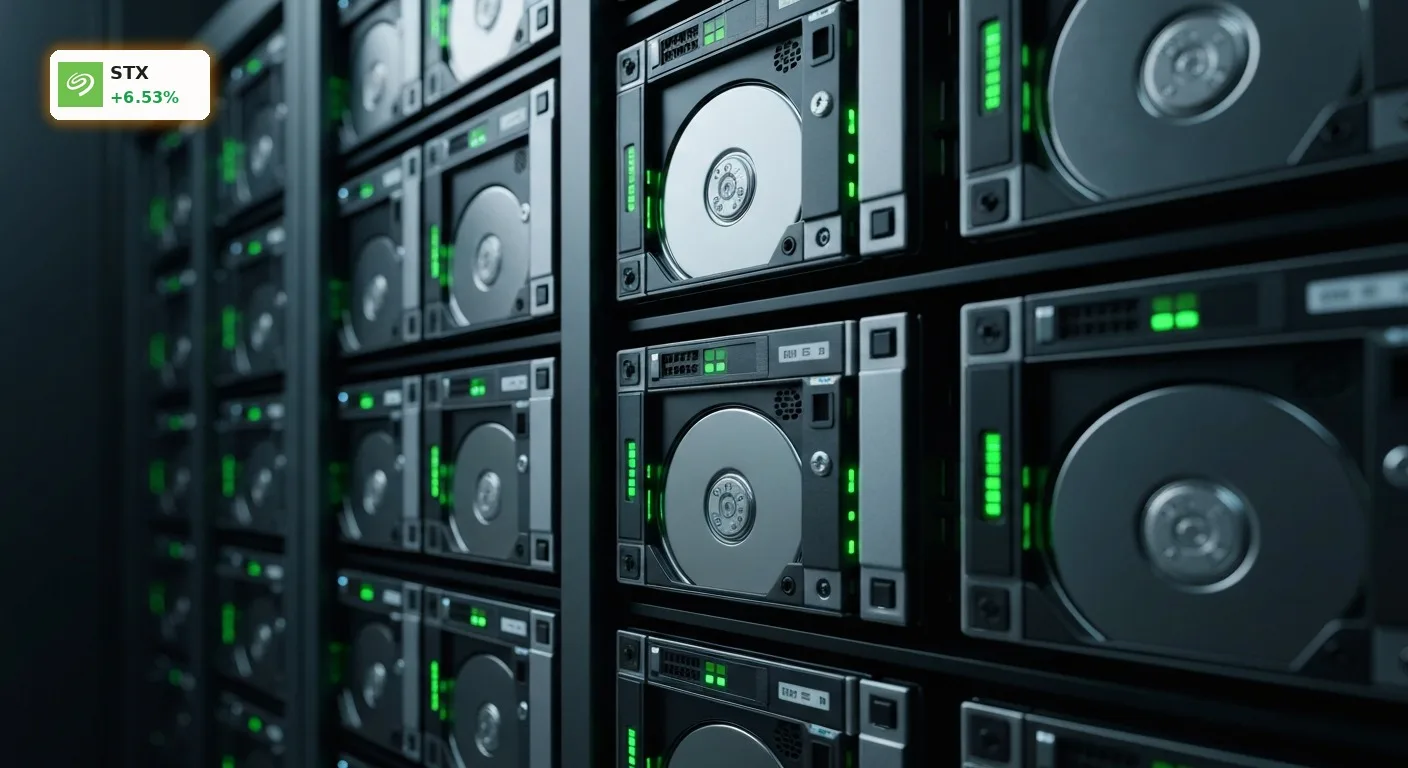 Nahaufnahme eines modernen Server-Racks mit vielen Festplatten, die die hohe Speicherkapazität des Seagate Quartals symbolisieren.