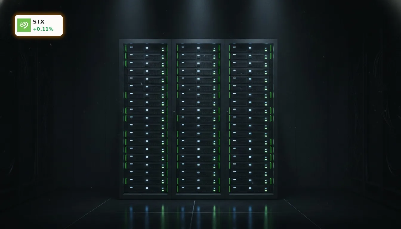 Server-Rack mit Festplatten und SSDs, die den KI-Boom und das Seagate Technology Quartal symbolisieren.