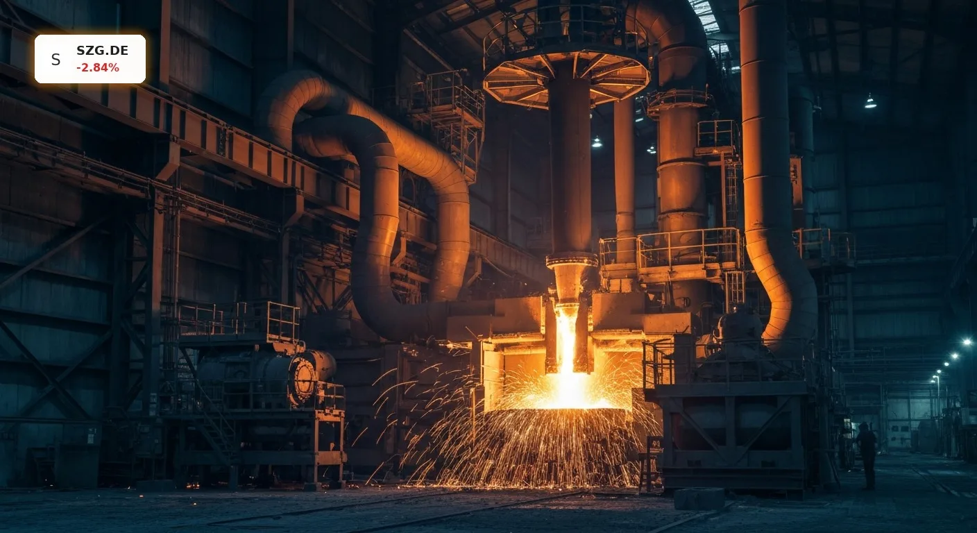 Glühender Stahl in einer modernen Stahlproduktionshalle bei Nacht, symbolisiert die Ergebnisse vom Salzgitter Quartal.