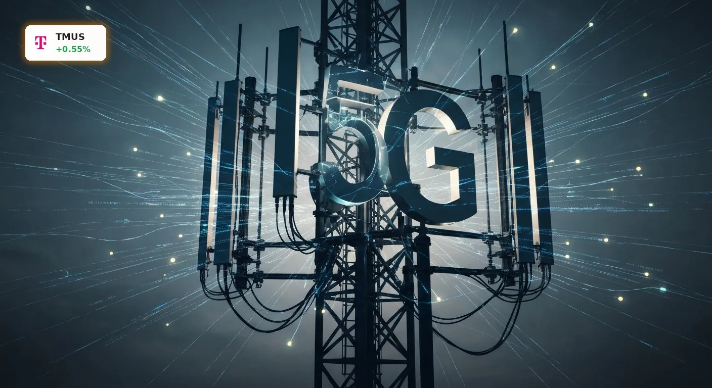Moderne 5G-Mobilfunkanlage mit leuchtenden digitalen Datenströmen, die die T-Mobile US Strategie im Bereich KI und Konnektivität symbolisieren.