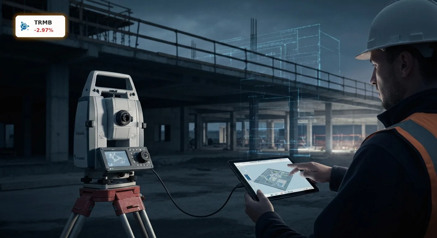 Trimble Quartal mit Umsatz-Boom: Transportgeschäft auf dem Prüfstand 3 Robotergesteuertes Trimble Vermessungsgerät auf einer Baustelle bei Dämmerung, das Präzision im Trimble Quartal symbolisiert.
