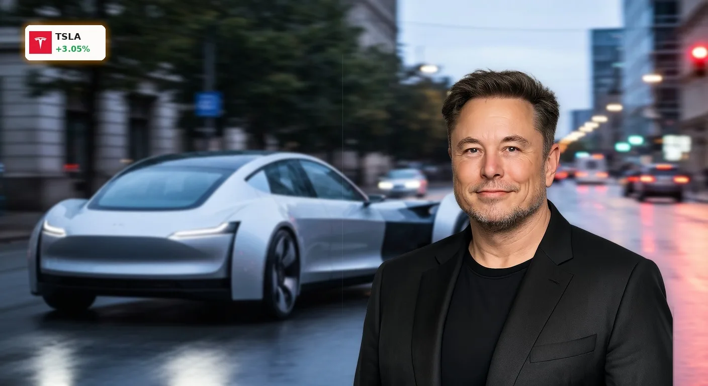 Tesla Robotaxi: +3% Rallye und Fusionsgerüchte mit SpaceX 3 Futuristisches Tesla Robotaxi fährt autonom auf einer nassen Stadtstraße bei Dämmerung, reflektiert Stadtlichter.