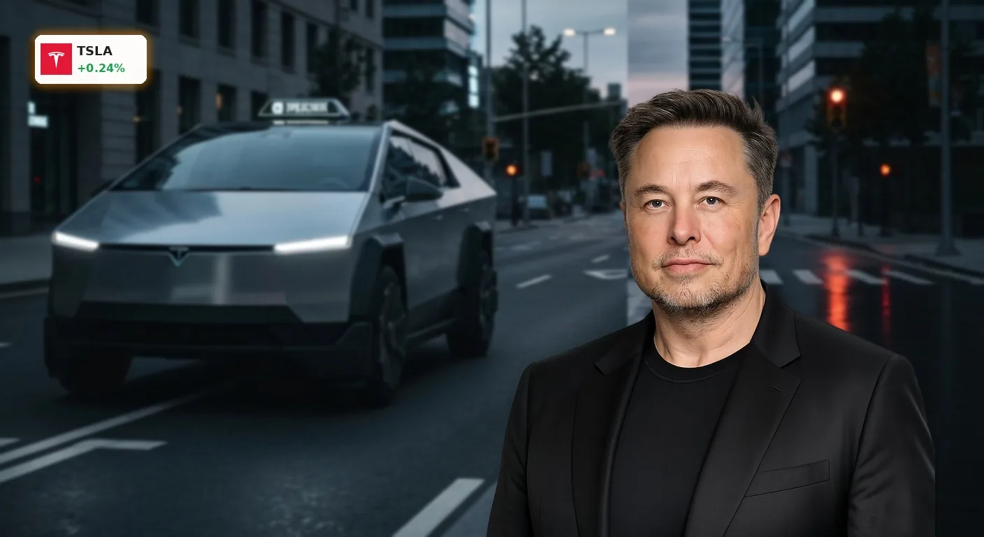Futuristisches Tesla Cybercab fährt autonom auf einer beleuchteten Stadtstraße, Fokus auf Tesla KI.