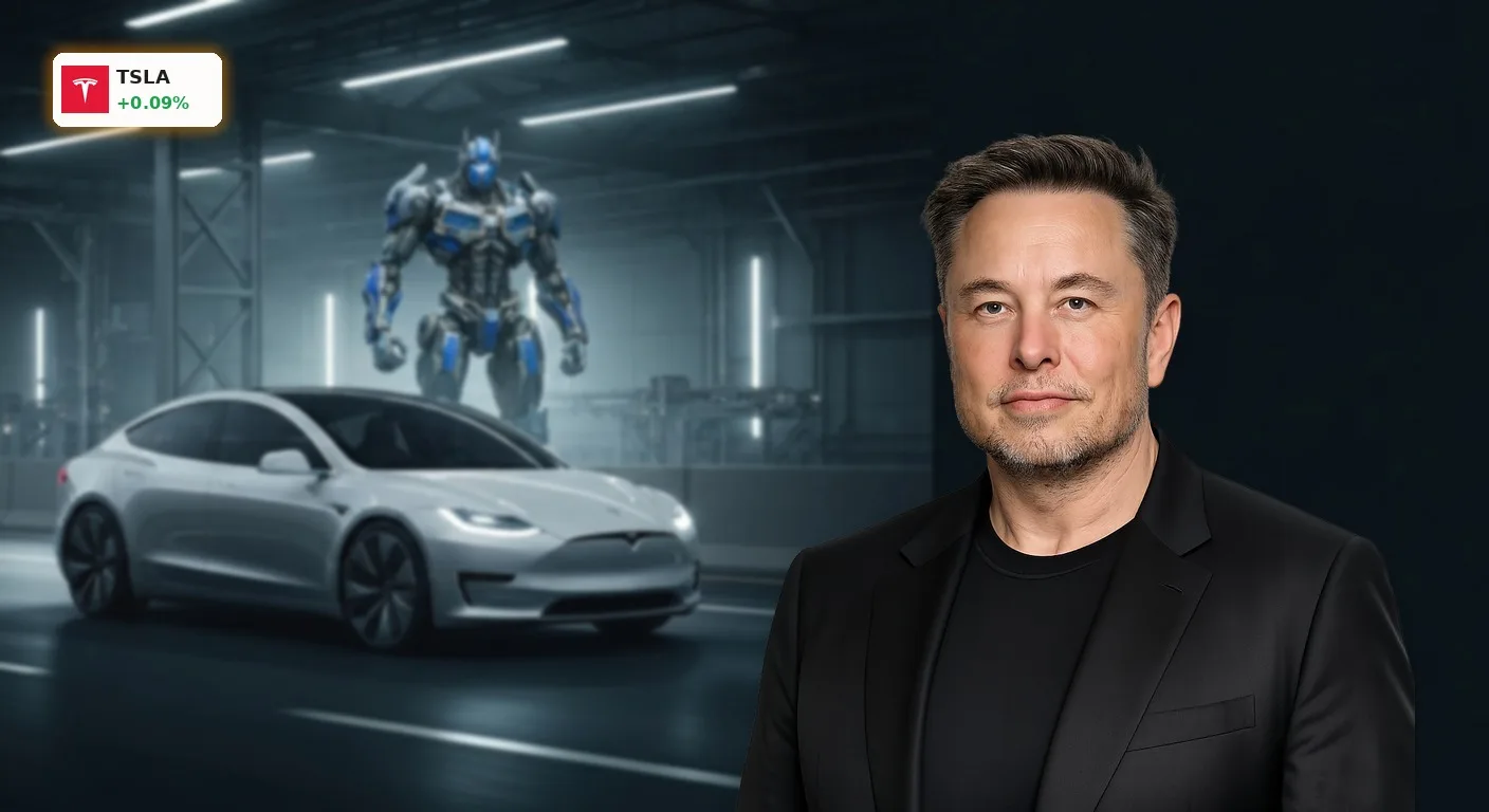 Tesla Investitionsausgaben: Musk plant massive Verdopplung zur Wachstumsbeschleunigung 7 Futuristisches Tesla-Fahrzeug auf einer Hochtechnologie-Autobahn, daneben ein humanoider Roboter in einer Produktionshalle, symbolisiert Tesla Investitionsausgaben.