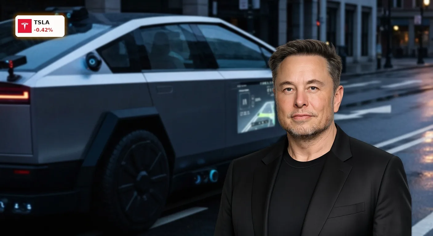 Tesla KI: Margen-Crash trotz ambitionierter Ziele und neuer Produkte 3 Futuristischer Tesla Cybercab mit KI-Sensoren fährt autonom durch eine Stadt bei Nacht, symbolisiert Tesla KI.