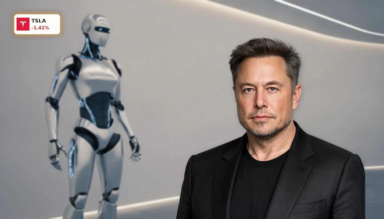Tesla Optimus: iPhone-Killer und Robovan-Revolution befeuern Fantasie 3 Ein fortschrittlicher Tesla Optimus humanoider Roboter steht in einem futuristischen Studio bereit.