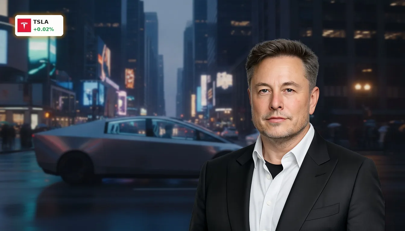 Tesla Robotaxi: Cybercab-Debüt und Semi-Produktion treiben Aktie an 4 Futuristisches Tesla Robotaxi Cybercab fährt autonom durch eine beleuchtete Stadtstraße bei Dämmerung.