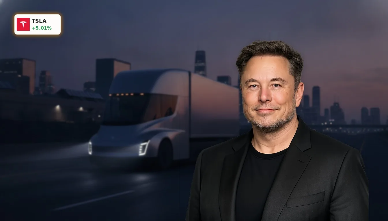 Tesla Kursbewegung: +5% Rallye dank Elon Musks Visionen für Energie & KI 3 Ein futuristischer Tesla Semi-Lkw fährt auf einer Autobahn bei Dämmerung, der die positive Tesla Kursbewegung symbolisiert.