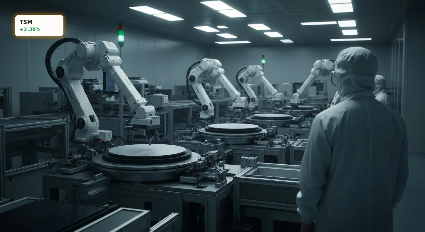 TSMC Quartal mit +2.4%: KI-Boom treibt Rekordumsatz und Wachstum 4 Roboterarme in einem hochmodernen Reinraum, die Siliziumwafer bearbeiten, symbolisieren den KI-Boom und das TSMC Quartal.