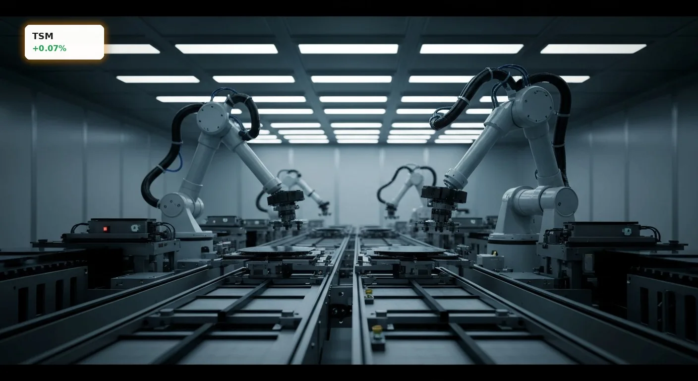 Roboterarme in einem Reinraum verarbeiten Siliziumwafer, symbolisierend die Produktion von Chips im TSMC Quartal.