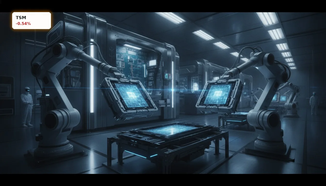Moderne Halbleiterfertigung mit Roboterarmen, die Silizium-Wafer bearbeiten, symbolisiert Taiwan Semiconductor KI.