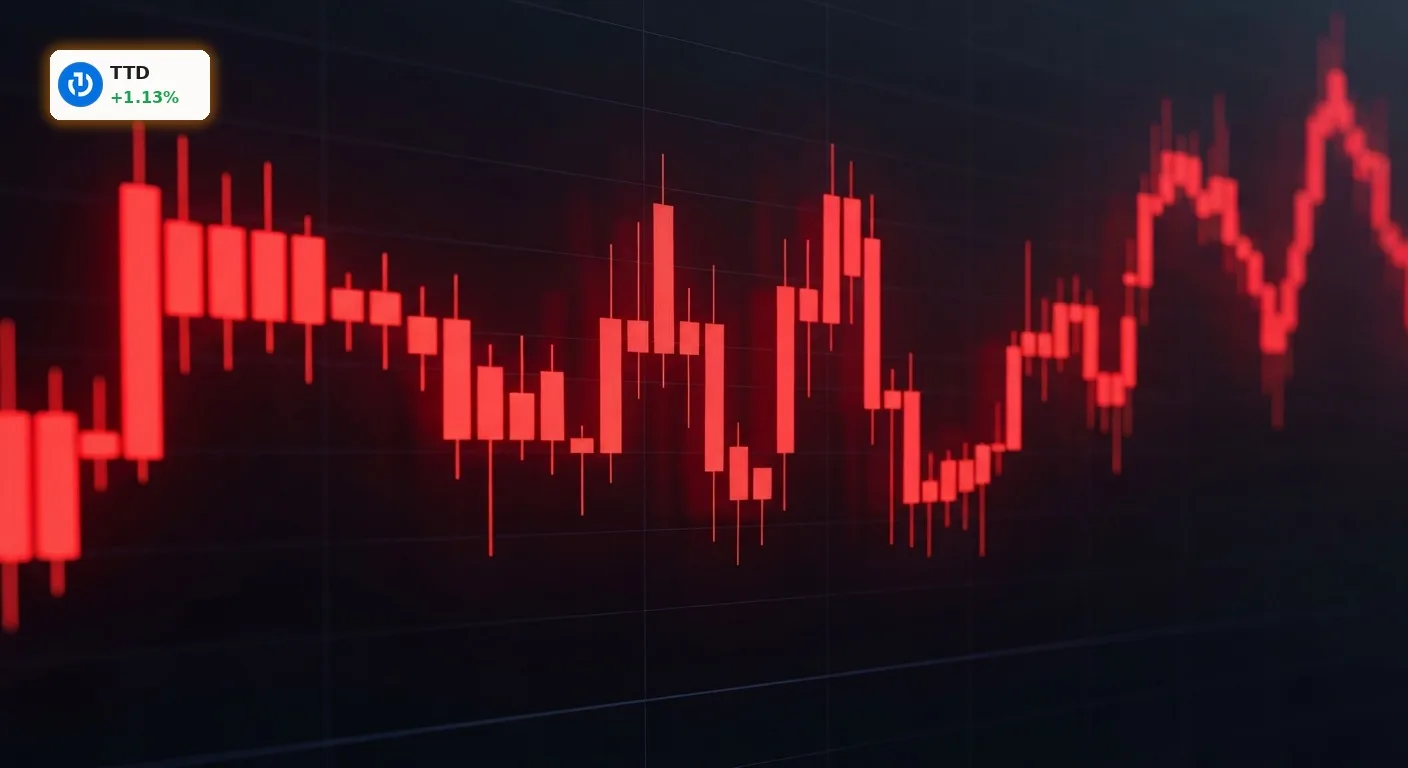 Stark fallender Candlestick-Chart mit rotem Leuchten, symbolisiert den 26% Crash nach The Trade Desk Quartalszahlen.