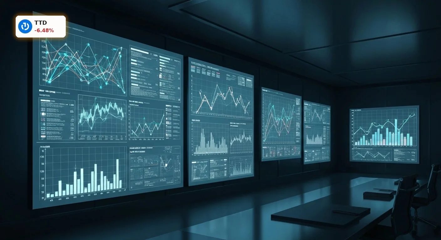 Digitales Werbe-Kontrollzentrum mit leuchtenden Bildschirmen, die Datenströme darstellen, symbolisiert The Trade Desk Quartalszahlen.