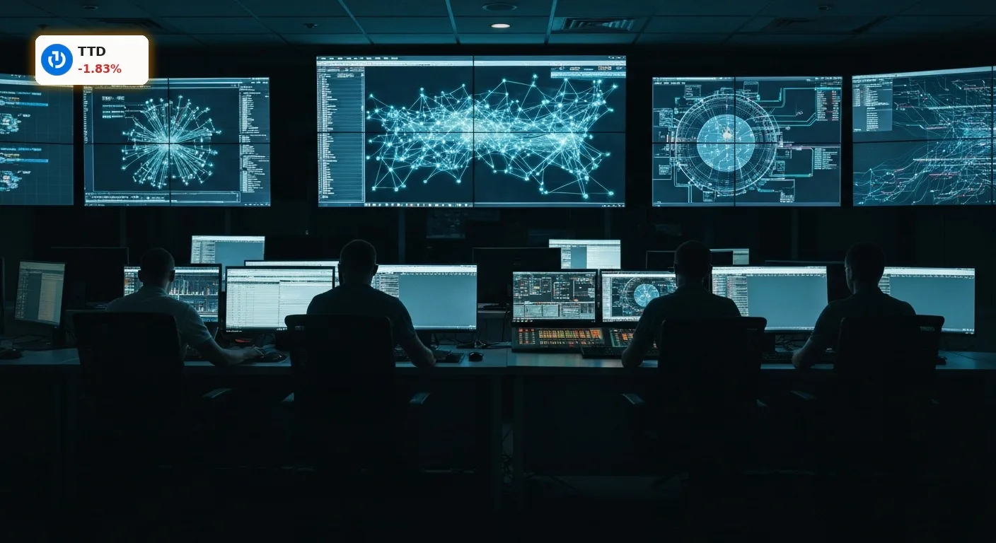 The Trade Desk Quartalszahlen: -1.8% Schock nach schwachem Ausblick 4 Digitale Werbeplattform mit komplexen Datenvisualisierungen, die The Trade Desk Quartalszahlen im Kontext der Ad-Tech-Branche symbolisieren.