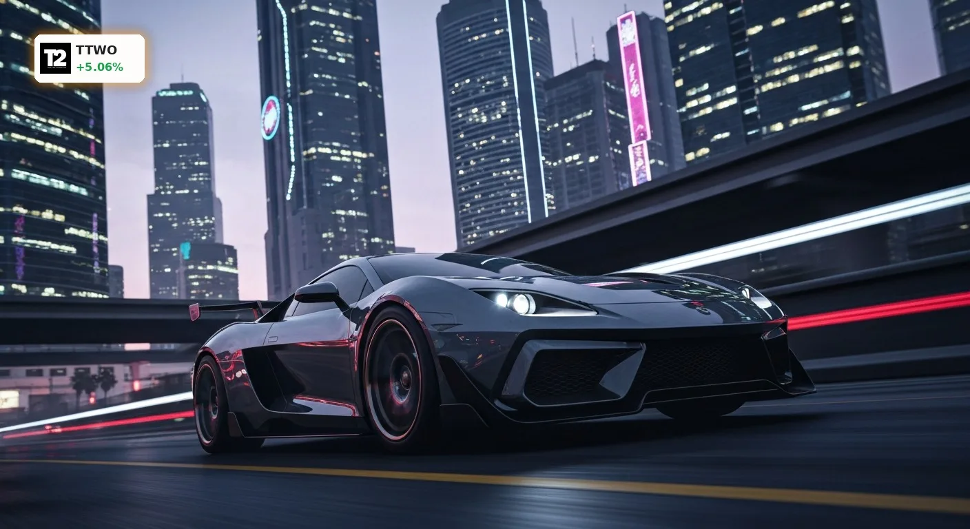 Futuristischer Sportwagen in einer neonbeleuchteten Großstadt, symbolisiert Take-Two GTA 6 und dessen Erfolg.