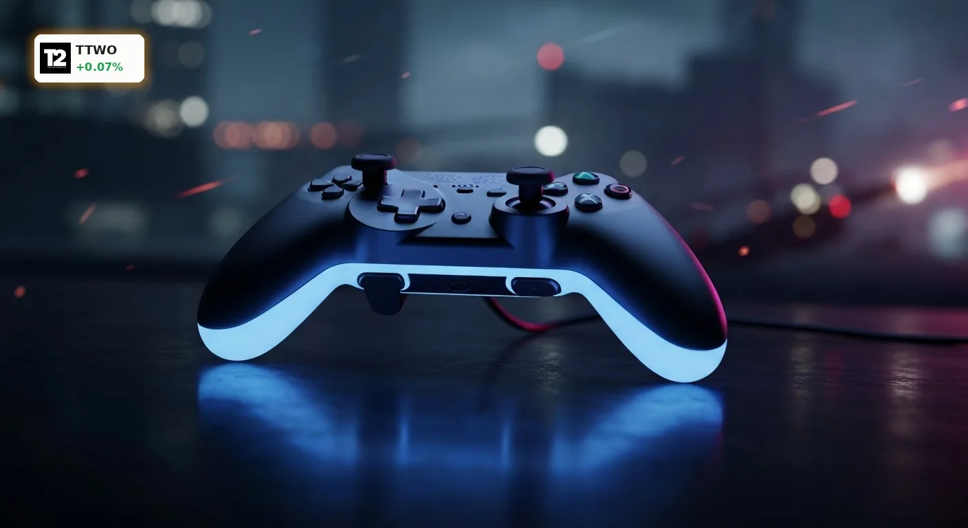 Take-Two Quartal: GTA VI Hype und starke Zahlen treiben Aktie um 6% 3 Detailaufnahme eines leuchtenden Videospiel-Controllers vor unscharfem Hintergrund, der die Gaming-Welt symbolisiert und den Take-Two Quartalshype um GTA VI darstellt.