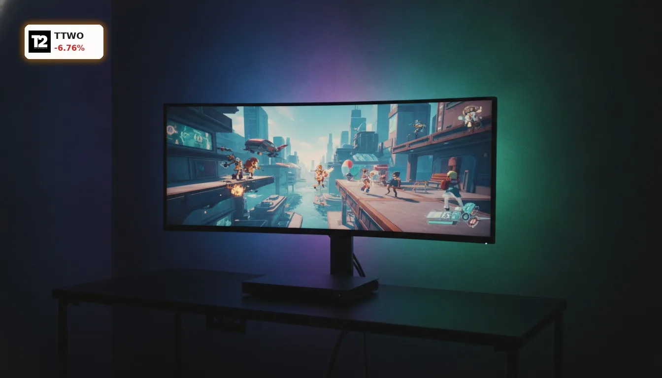 High-End Gaming-Setup mit Grand Theft Auto VI auf einem großen Monitor, symbolisiert den Hype um Take-Two GTA VI.