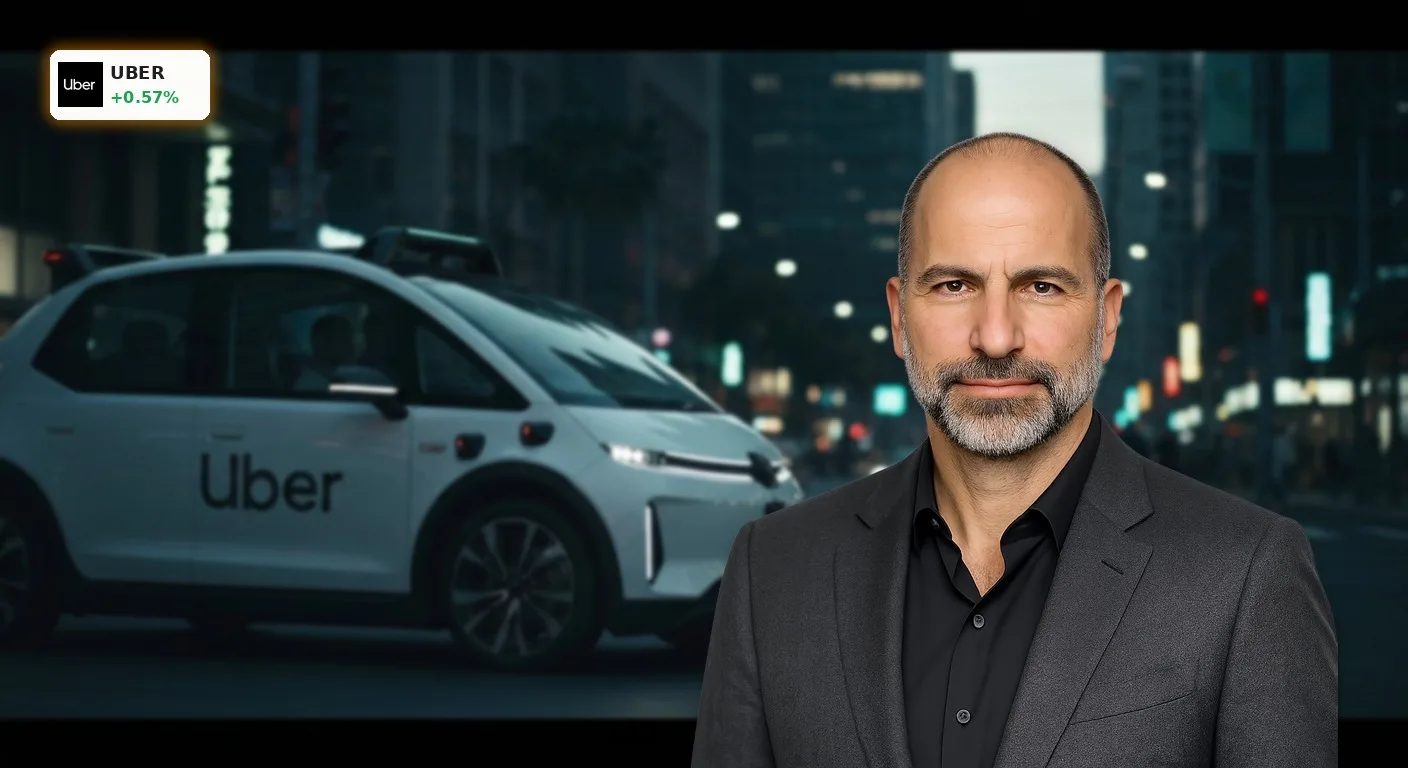 Autonomes Uber-Fahrzeug auf einer futuristischen Stadtstraße bei Nacht, im Kontext der Uber Quartalszahlen