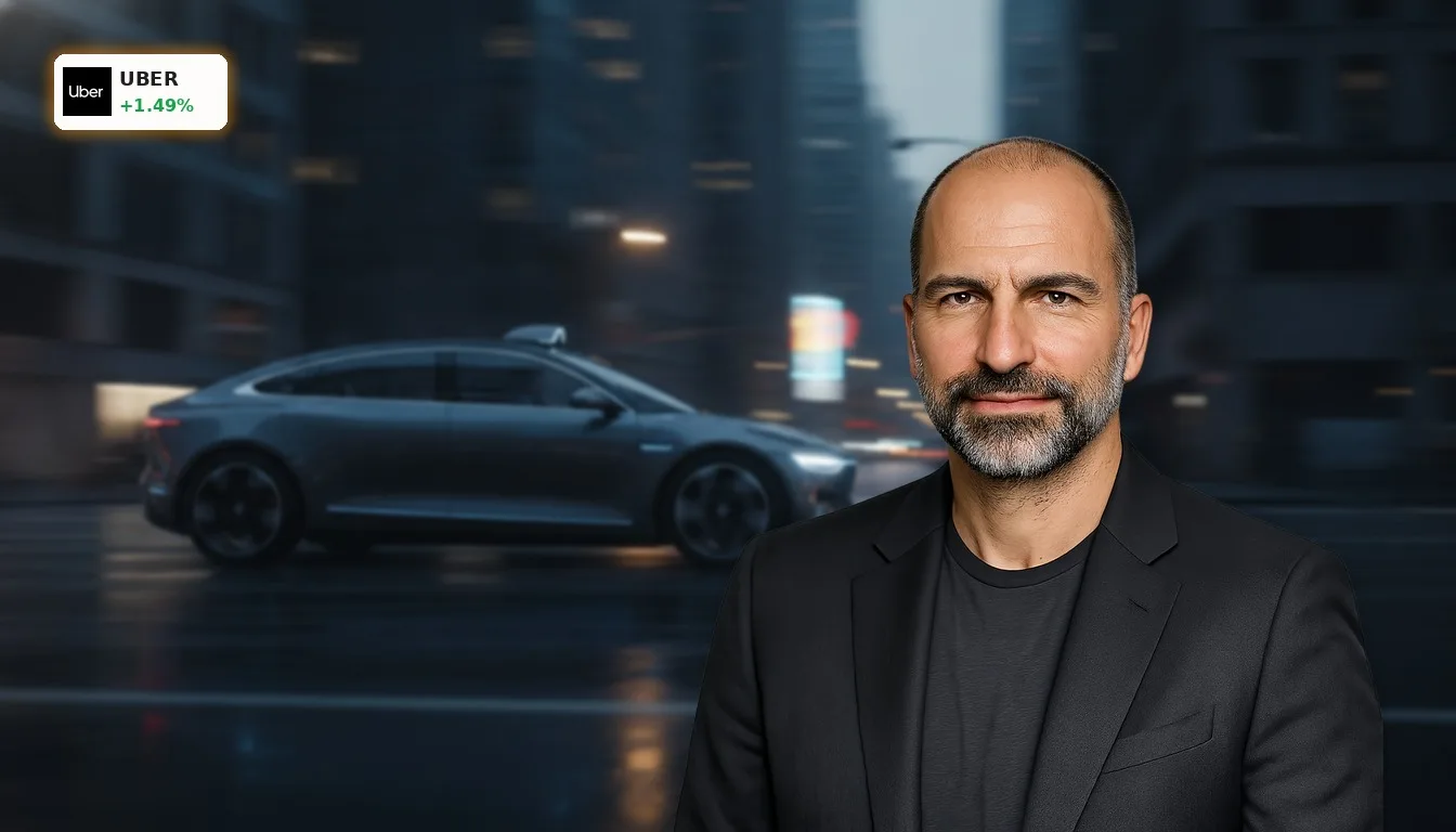Autonomes Fahrzeug (Robotaxi) auf einer nächtlichen Stadtstraße, symbolisiert die Uber AV Strategie und Technologie.