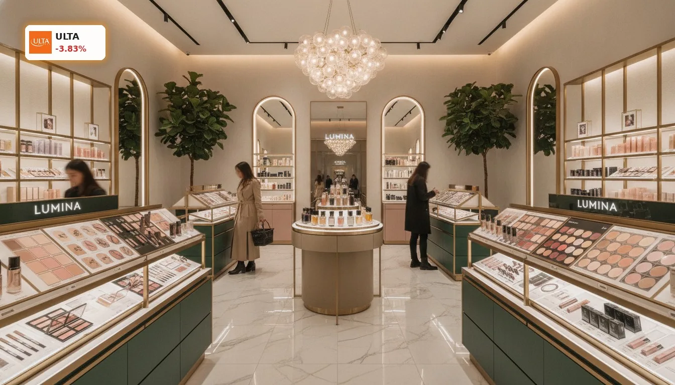 Ulta Beauty Quartal: Aktie fällt 3.8% trotz überzeugender Ergebnisse 3 Innenansicht eines modernen Ulta Beauty Geschäfts mit eleganten Kosmetik- und Pflegeprodukten, Fokus auf das Ulta Beauty Quartal.