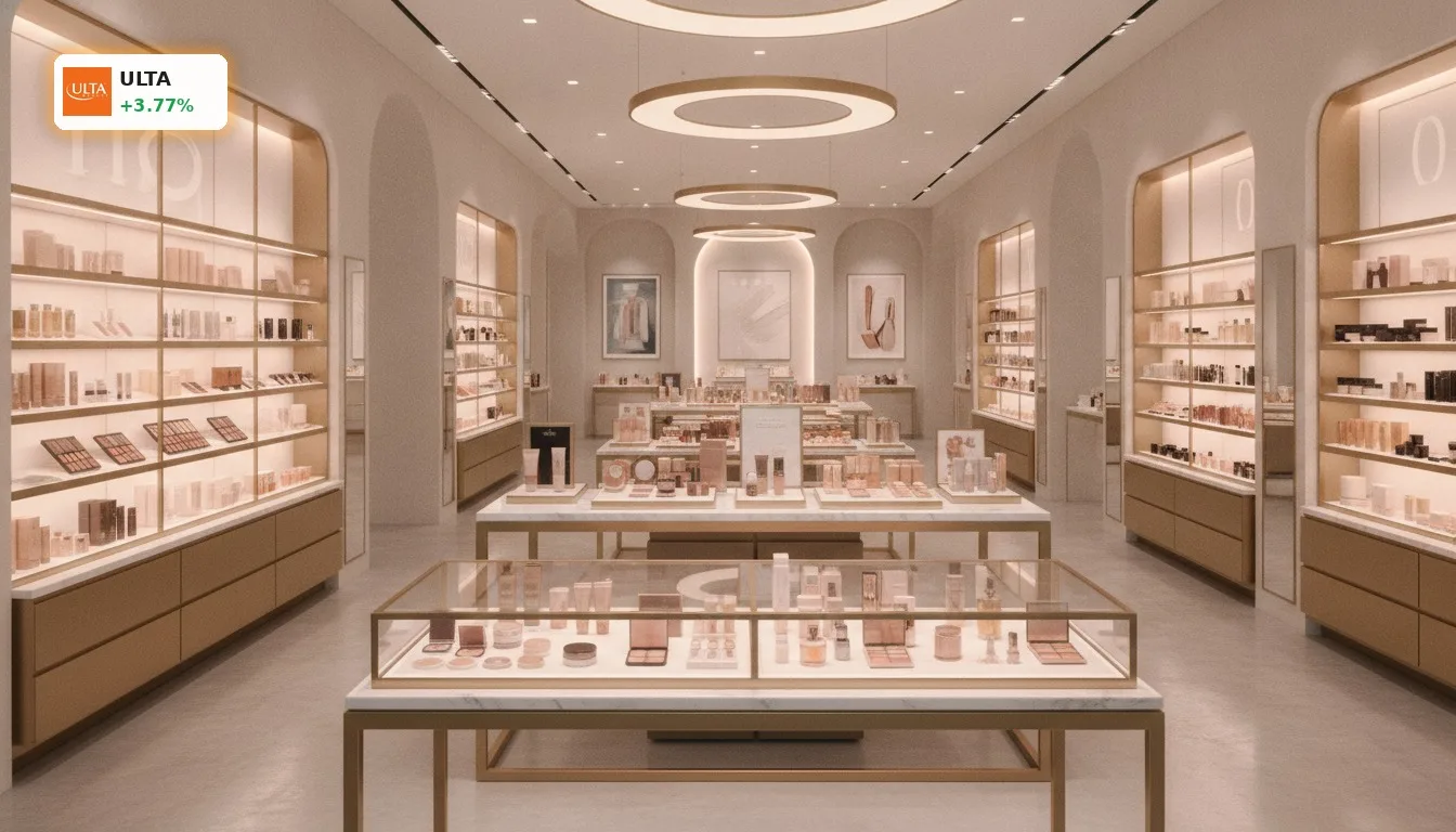 Elegantes Interieur eines Ulta Beauty Geschäfts mit luxuriösen Make-up- und Pflegeprodukten auf beleuchteten Regalen.