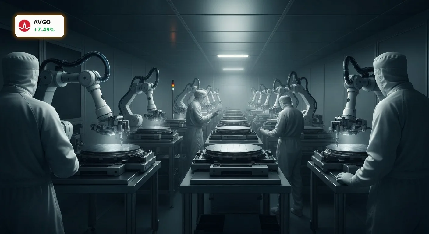 Broadcom Aktie: Beeindruckendes Plus von 7,49% durch KI-Boom 3 Moderne Halbleiter-Reinraumfertigung mit Roboterarmen, die Silizium-Wafer bearbeiten, symbolisiert Broadcom Aktie und KI-Boom.
