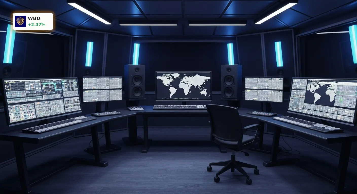 Warner Bros. Discovery Aktie: Streaming-Wachstum und Schuldenabbau im Fokus 5 High-tech Medienkontrollraum mit Bildschirmen für Streaming-Inhalte, Warner Bros. Discovery Aktie.