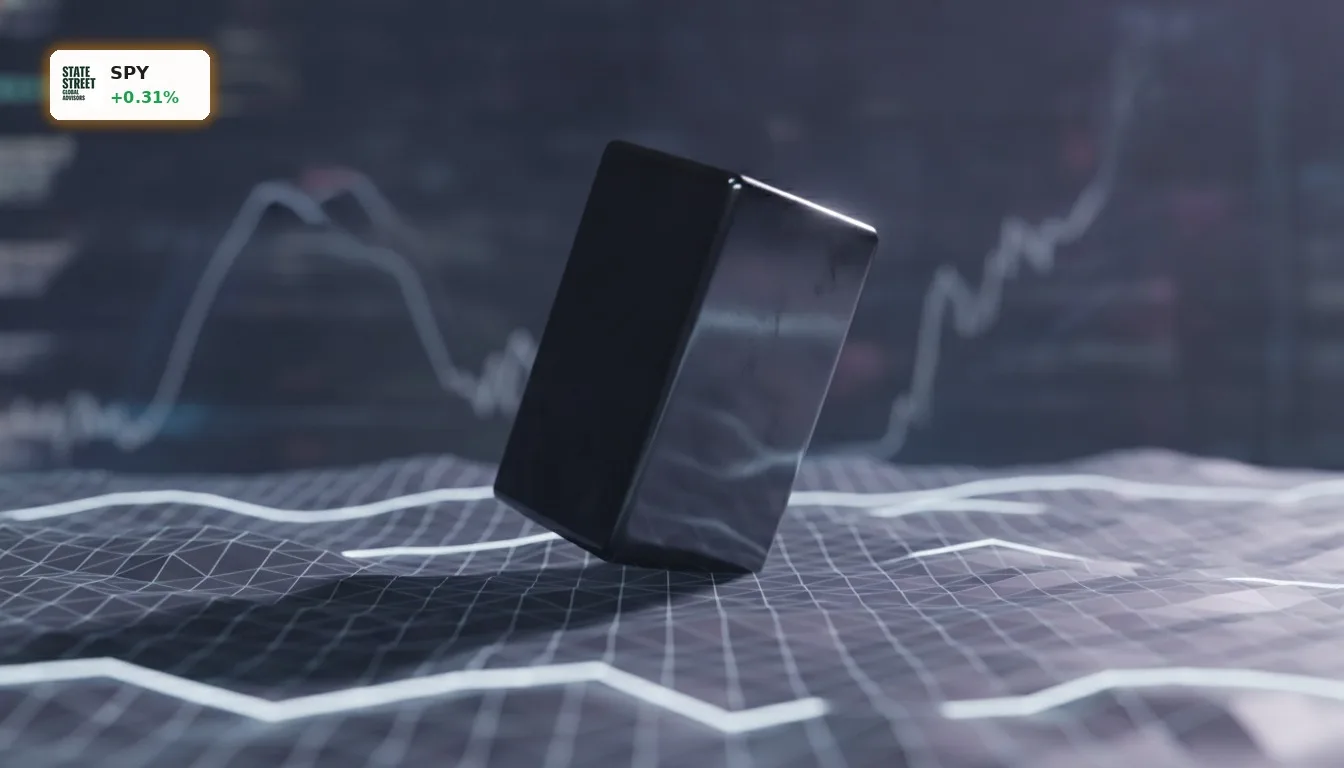 SPY Aktie: Stabilität am Markt trotz leichter Verluste 1 Monolithische Marktstabilität auf abstraktem Finanzgraphen, SPY Aktie im Fokus.