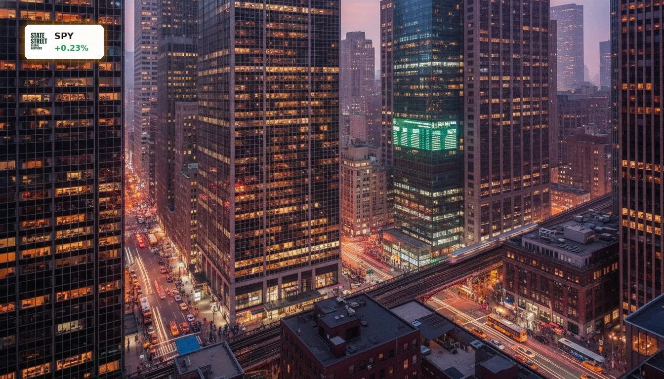 SPY Aktie: Der breite Markt im Fokus – Leichter Anstieg 3 Skyline eines Finanzdistrikts bei Nacht, symbolisiert den breiten US-Aktienmarkt und die SPY Aktie.