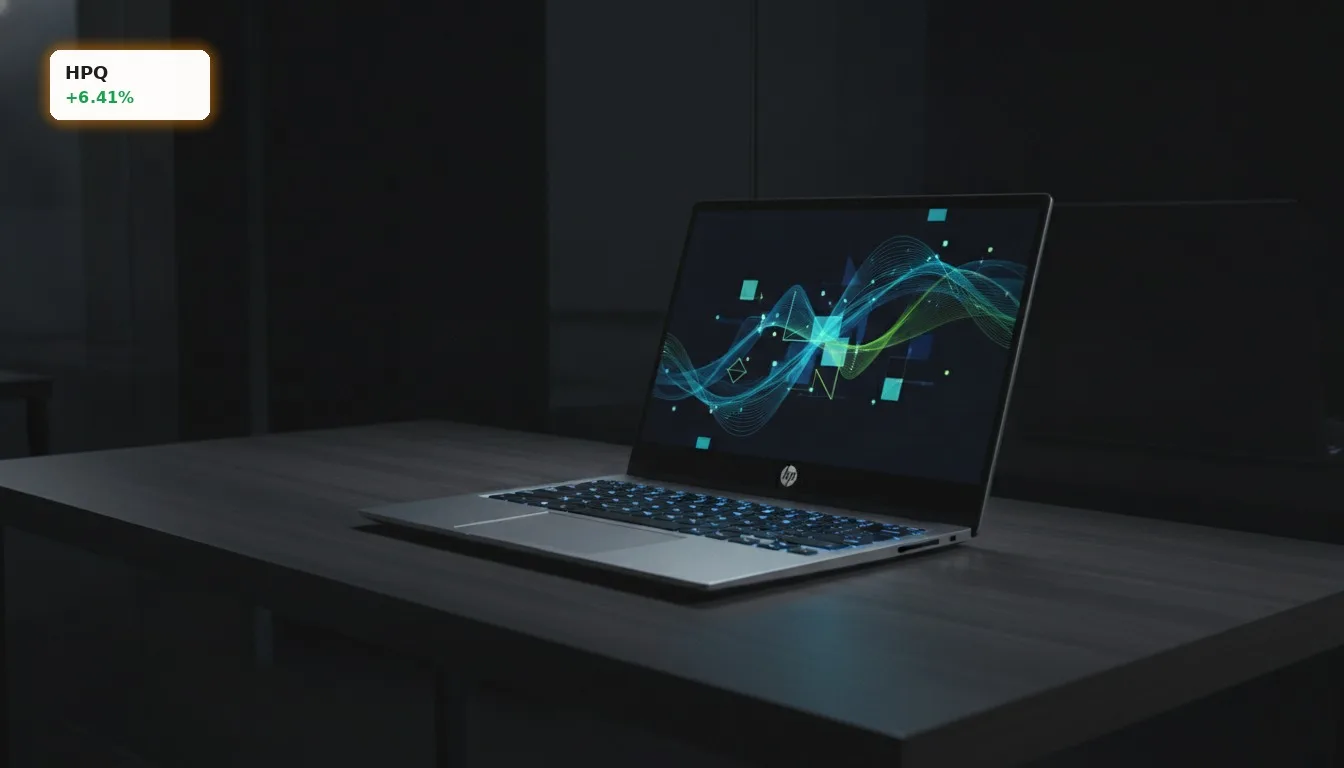 HP Aktie: PC-Geschäft als Lichtblick trotz Umsatzrückgang von 1,4% 5 Ein moderner HP Laptop mit leuchtender Tastatur in einem dunklen Studio. HP Aktie.