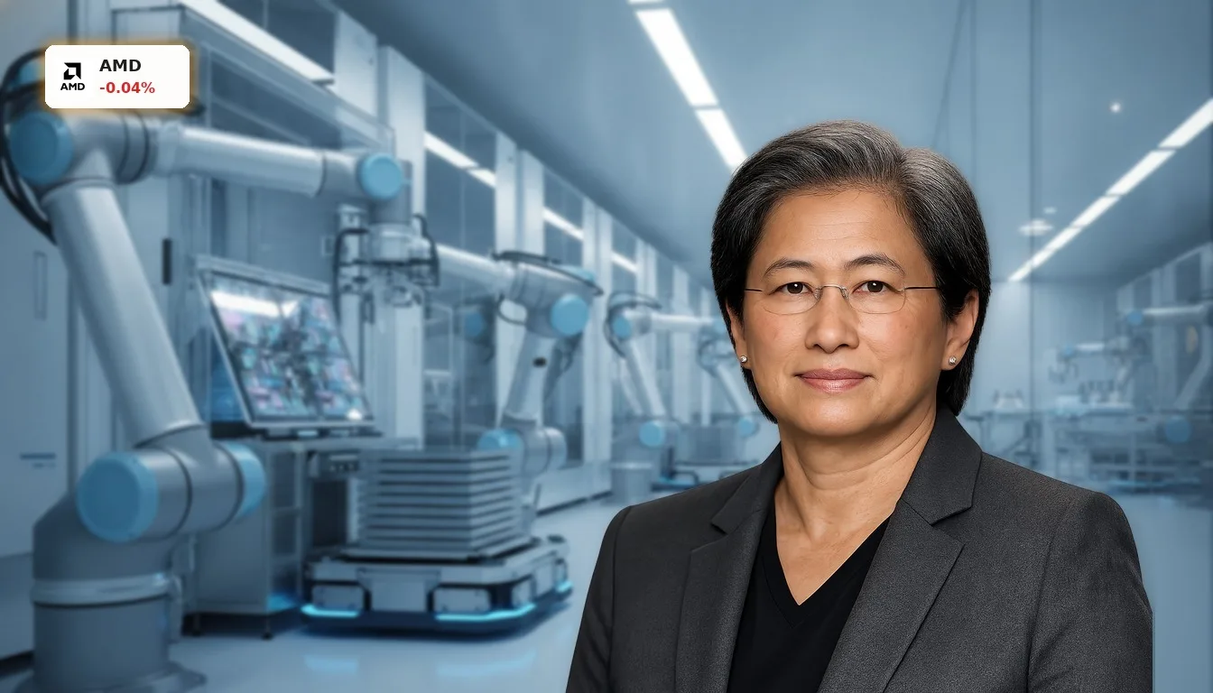 Roboterarme in einem hochmodernen Reinraum, die Siliziumwafer bearbeiten, symbolisieren die AMD Aktie im KI-Sektor.