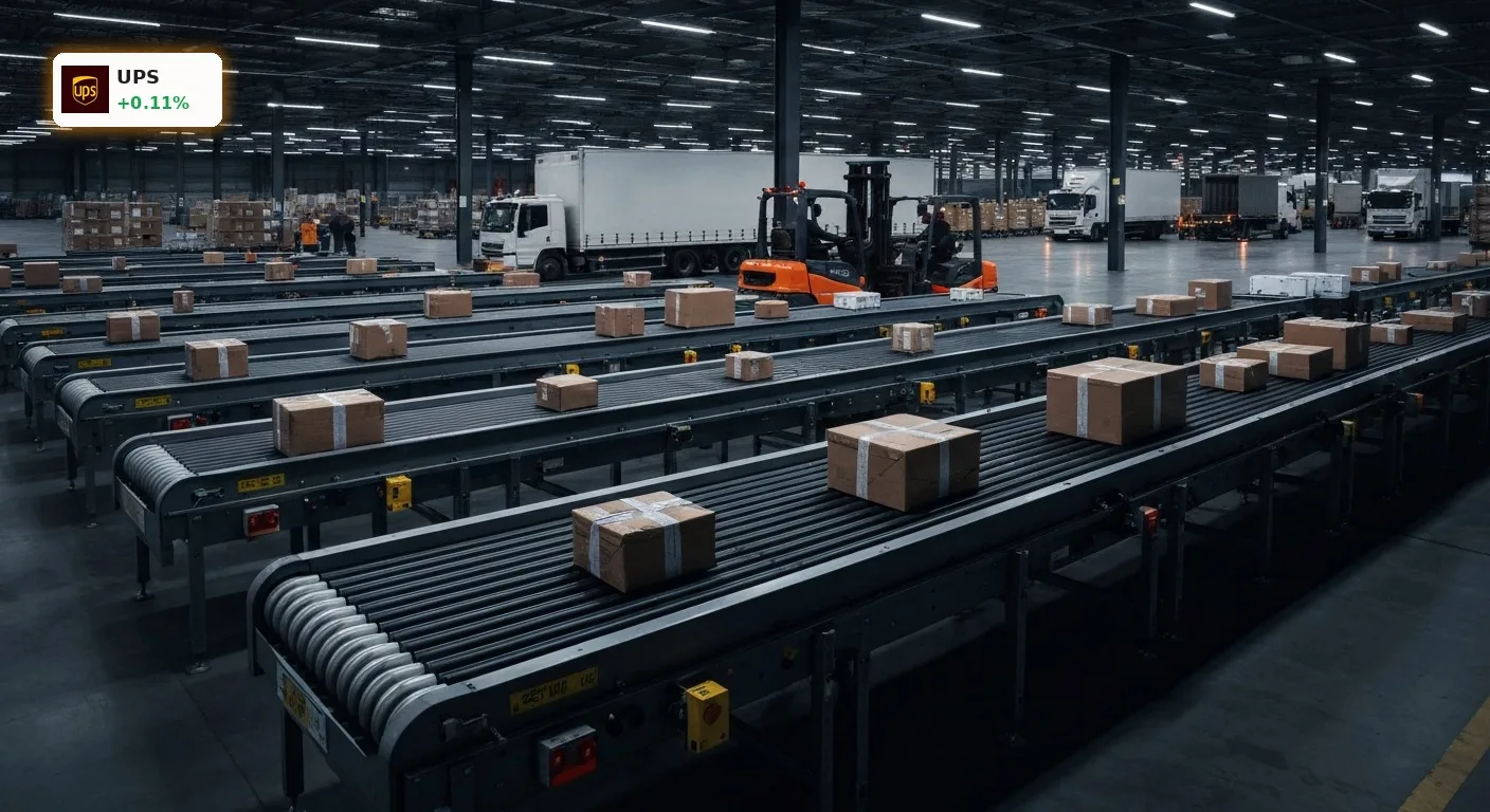 Automatisierter Logistik-Hub bei Dämmerung mit Paketen auf Förderbändern, symbolisiert die UPS Prognose und Effizienz.