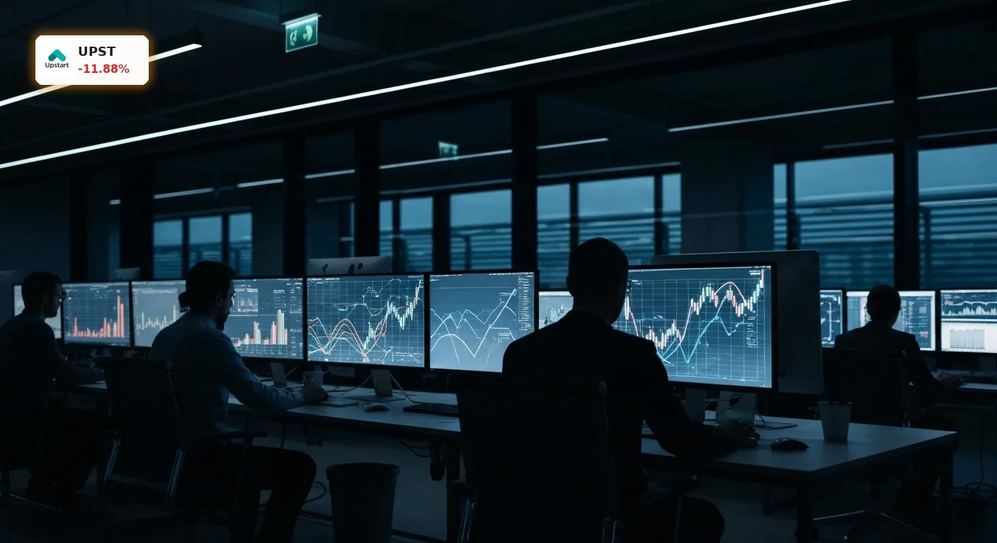 Upstart Quartal mit -11%: Starke Kreditvergabe treibt Wachstum 4 Digitalisierte Finanzdaten und Kreditflüsse auf einem modernen Handelssaal, symbolisiert Upstart Quartal Wachstum.
