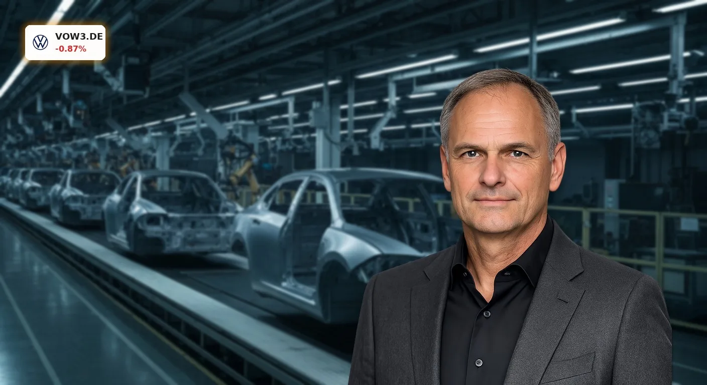 Volkswagen Strategie: Sparpläne, Porsche-Deal und Everllence-Verkauf 6 Moderne Automobilfabrik-Montagelinie bei Dämmerung, die die Volkswagen Strategie zur Effizienzsteigerung symbolisiert.