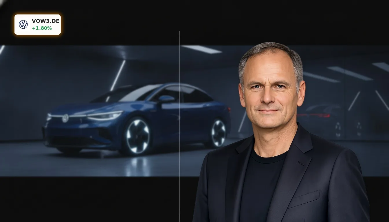Volkswagen IG Metall: Aktie +1.8% – Sparpläne und Vertrauenskrise 6 Modernes Volkswagen Elektrofahrzeug in einem dunklen Studio, symbolisiert die Herausforderungen von Volkswagen IG Metall.