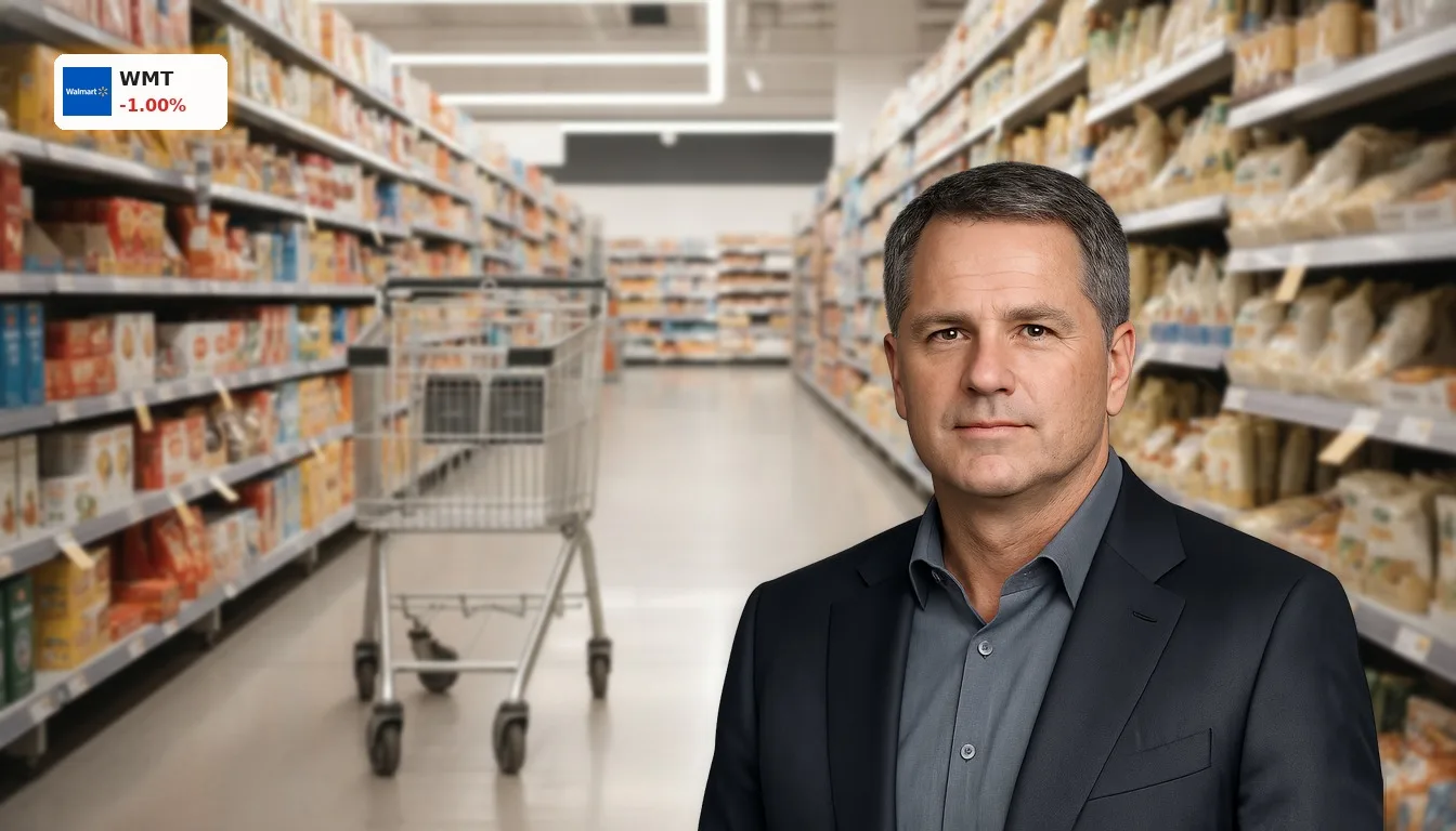 Supermarktgang mit Einkaufswagen, der die Konsumgüter und das Einzelhandelsgeschäft von Walmart repräsentiert, nach den Walmart Quartalszahlen.