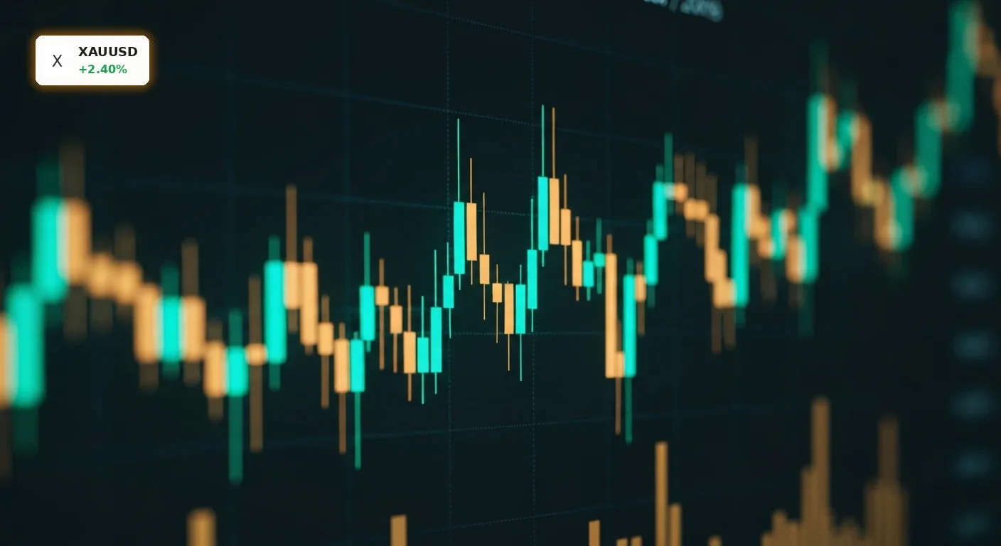 Stilisierter Gold Candlestick-Chart mit starkem Gold Kursanstieg, leuchtend grün-türkis