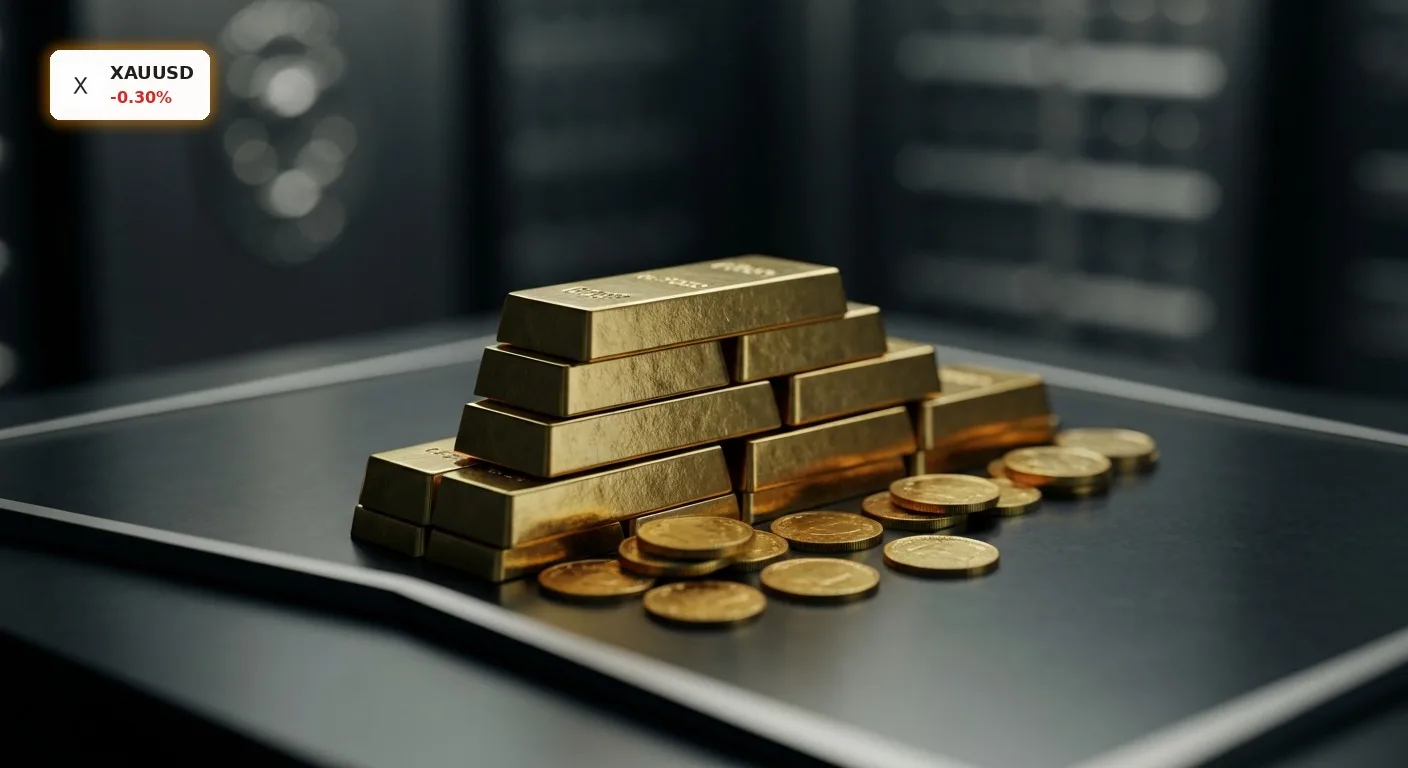 Gestapelte Goldbarren und Goldmünzen in einem Tresorraum, symbolisierend die Gold Preisentwicklung und Wertstabilität.