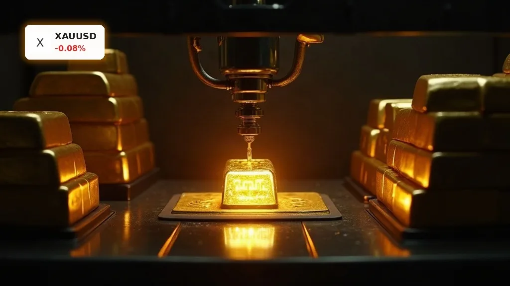 Ein goldener Barren wird von einem Roboterarm in einem sicheren Tresorraum gehandhabt, symbolisiert den Gold Preis.