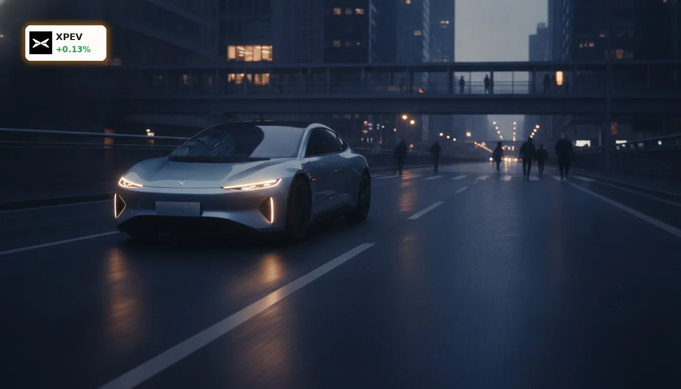 Futuristisches XPeng Elektroauto fährt auf einer städtischen Straße bei Dämmerung, beleuchtet von den Scheinwerfern. XPeng Quartal.