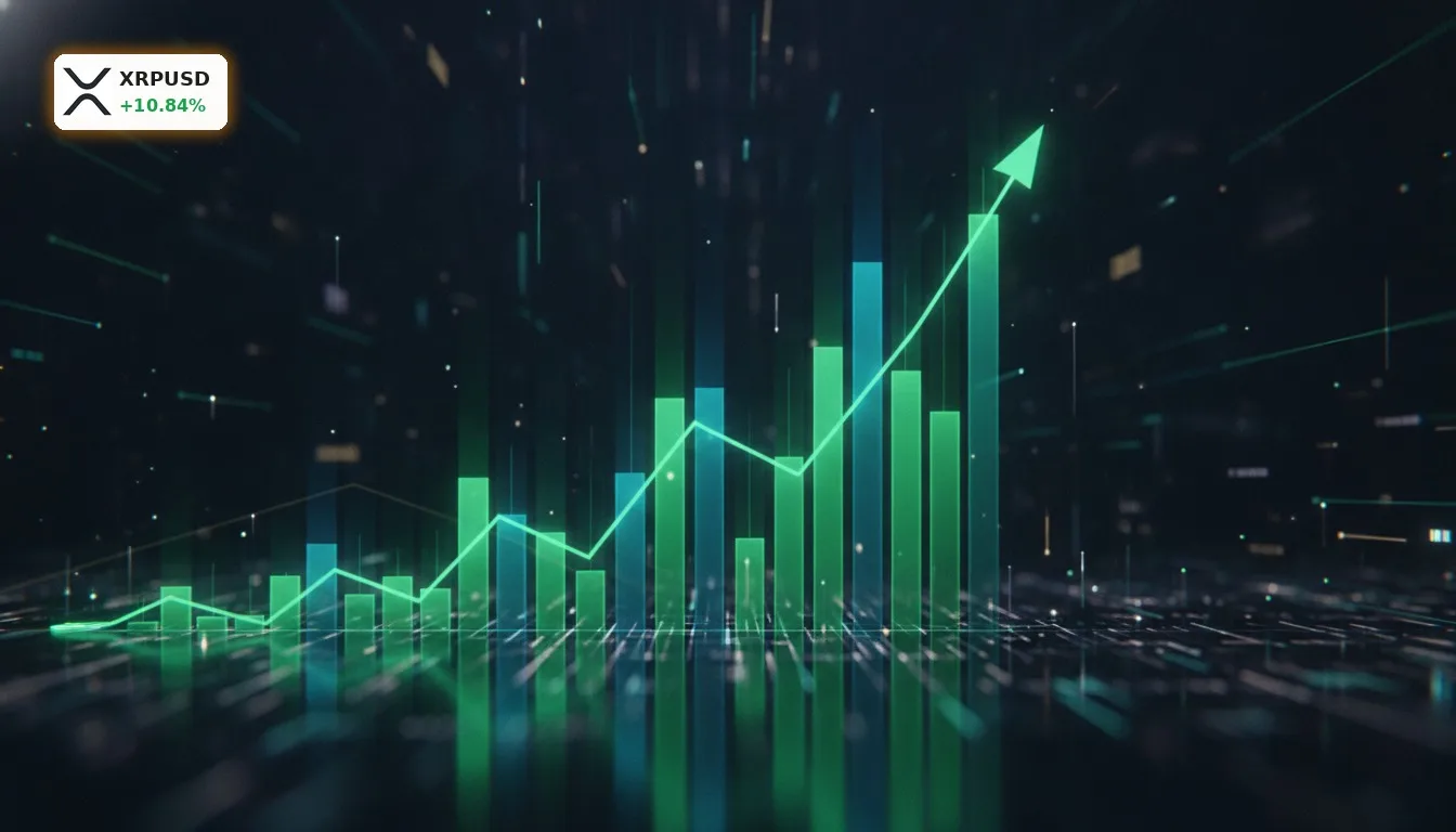 XRP Kurs steigt um 10%: CLARITY Act beflügelt die Rallye 3 Grün leuchtender Candlestick-Chart, der einen starken Anstieg des XRP Kurses darstellt, vor dunklem, technologischem Hintergrund.