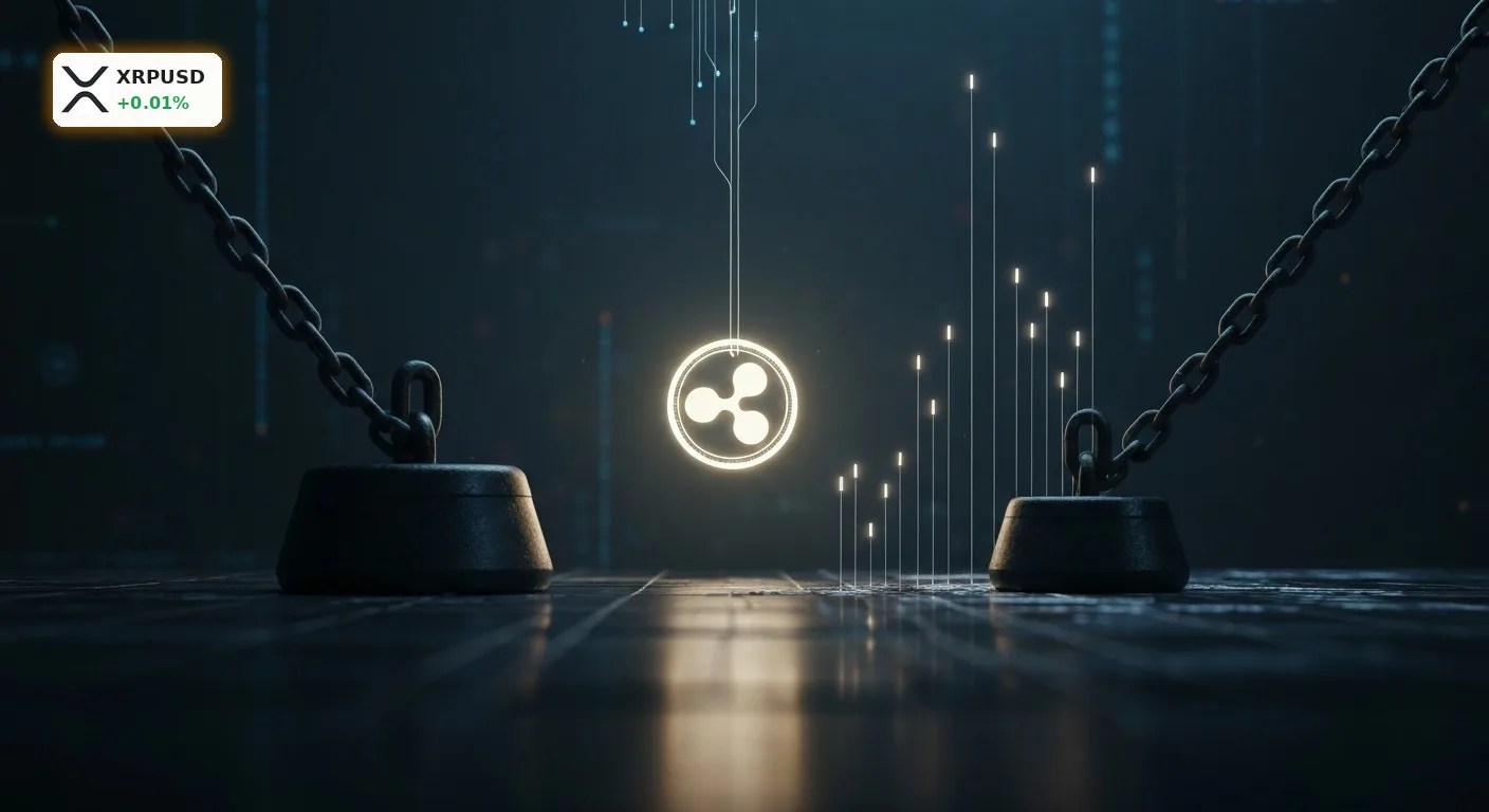Ein schwebender XRP Coin, der den XRP Kurs symbolisiert, zwischen herabziehenden Gewichten und sanften Auftriebskräften.