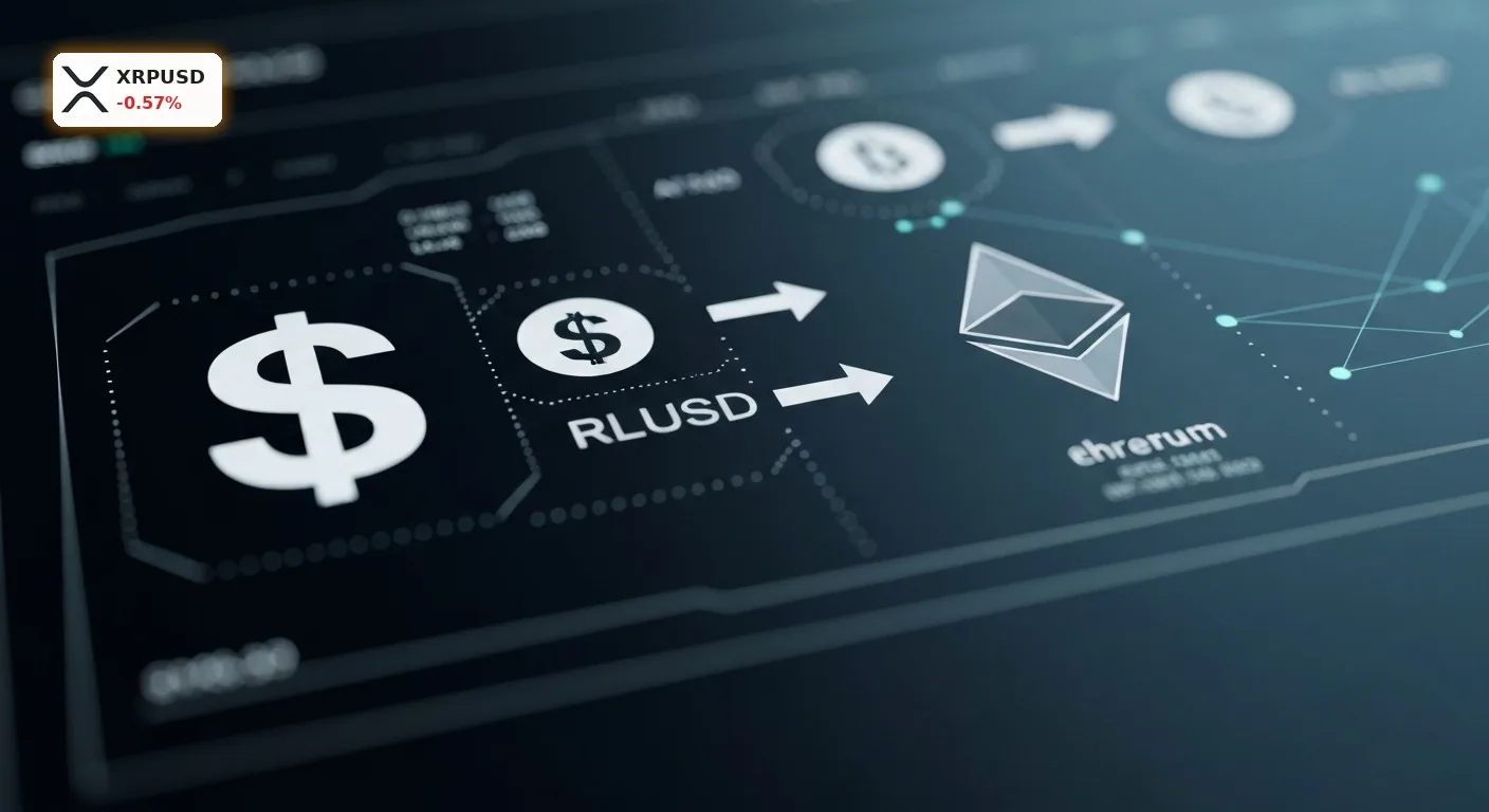 Digitale Benutzeroberfläche visualisiert den Fluss von Ripple RLUSD auf Ethereum zwischen verschiedenen Blockchains.