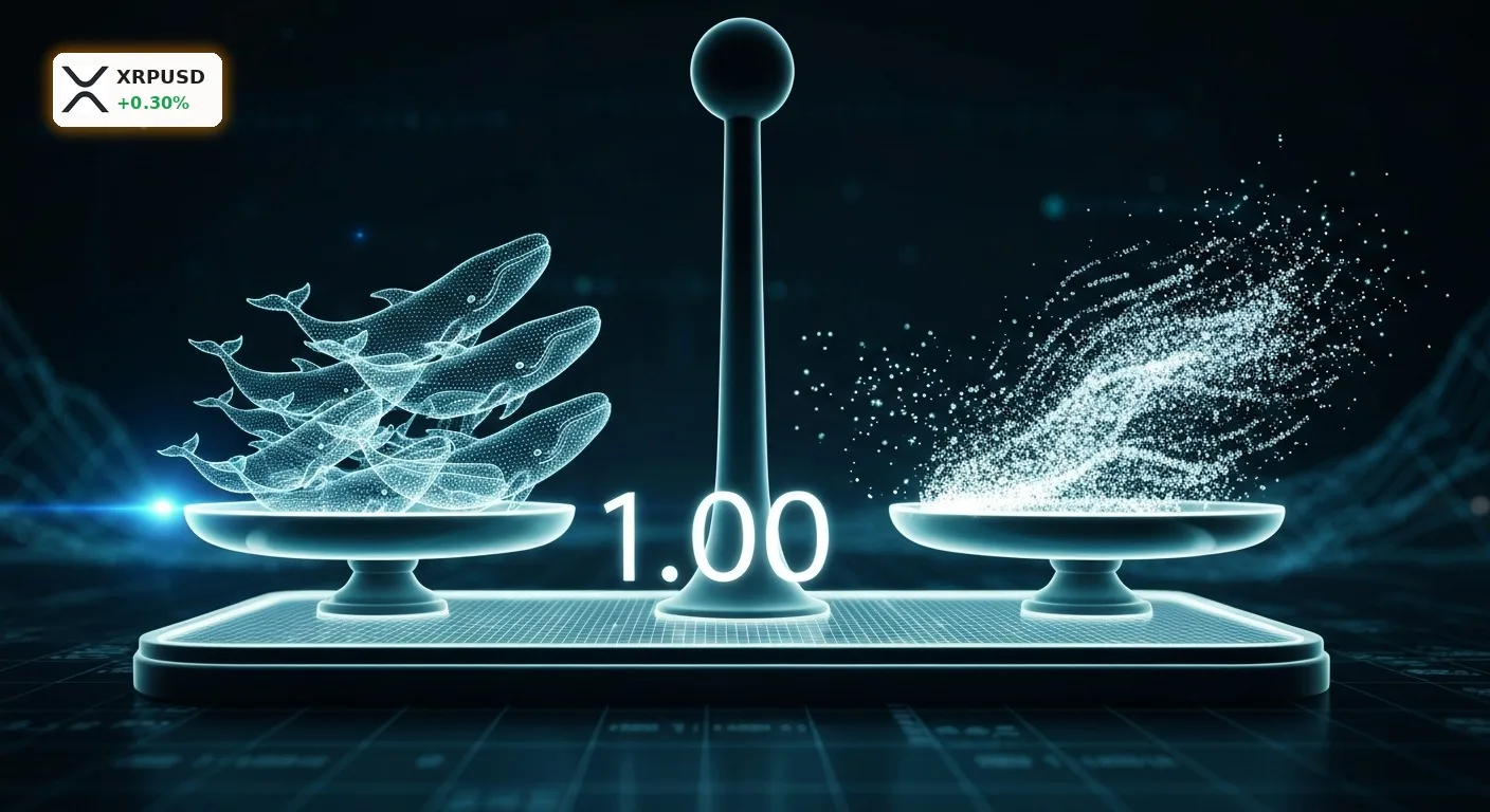 Digitale Waage symbolisiert den Kampf um die XRP Prognose, mit Walen auf einer Seite und sinkenden ETF-Zuflüssen auf der anderen.