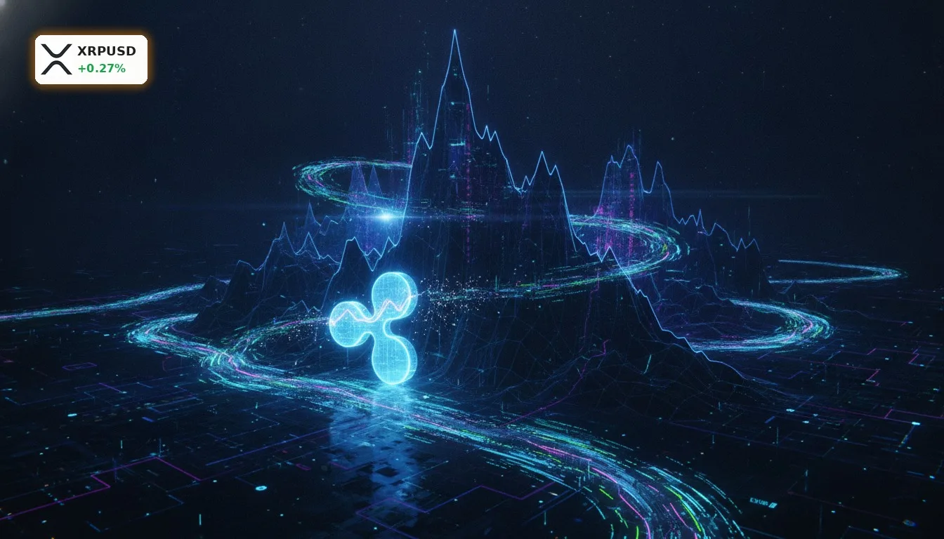 Ripple Kursanalyse: Digitales XRP-Symbol vor einer hohen, leuchtenden Widerstandszone auf einem steilen Anstieg.