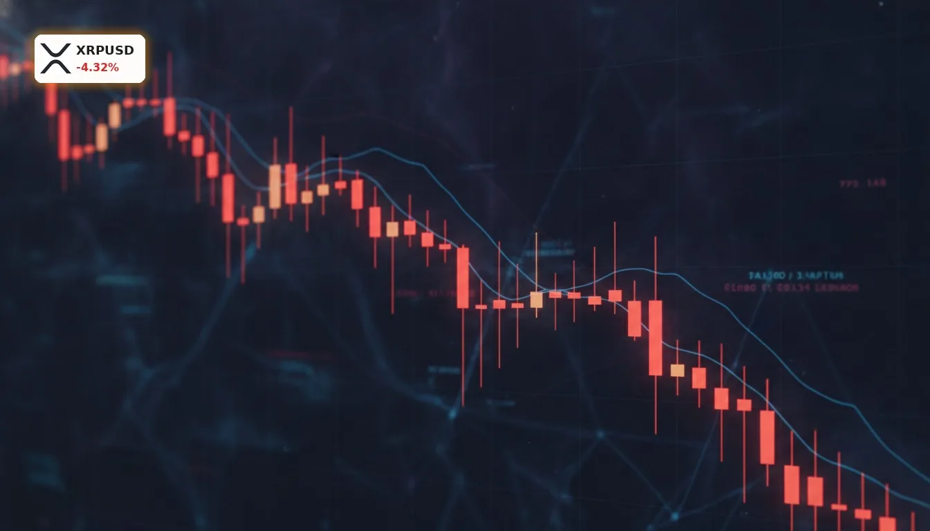 Ripple XRP: -4.3% Crash trotz starker Nachfrage und ETF-Zuflüssen? 3 Candlestick-Chart zeigt deutlichen Kursrückgang für Ripple XRP mit roten Kerzen vor dunklem, abstraktem Hintergrund.