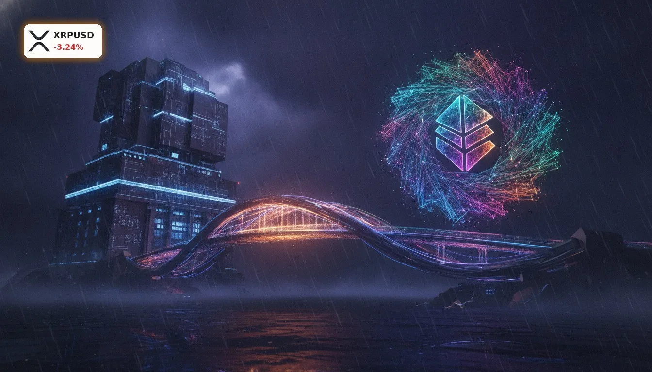 Futuristische Brücke verbindet Nasdaq-Gebäude mit Kryptowährungssymbol, symbolisiert Evernorth Nasdaq Börsengang und XRP-Investment.