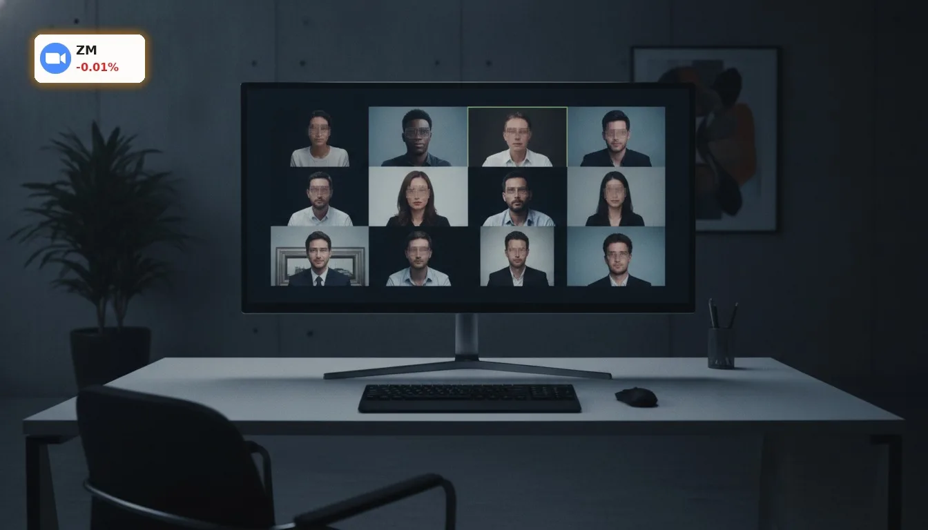 Moderner Videokonferenz-Bildschirm im Büro, der die Nutzung der Zoom Quartalszahlen-Dienste symbolisiert.