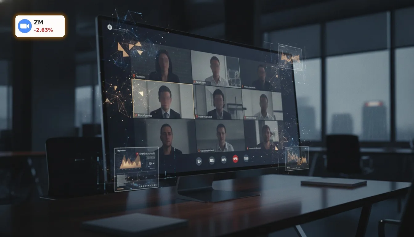 Moderne Videokonferenz-Oberfläche mit KI-Funktionen für Zoom Quartal. Dynamischer Mehrteilnehmer-Anruf auf großem Bildschirm.