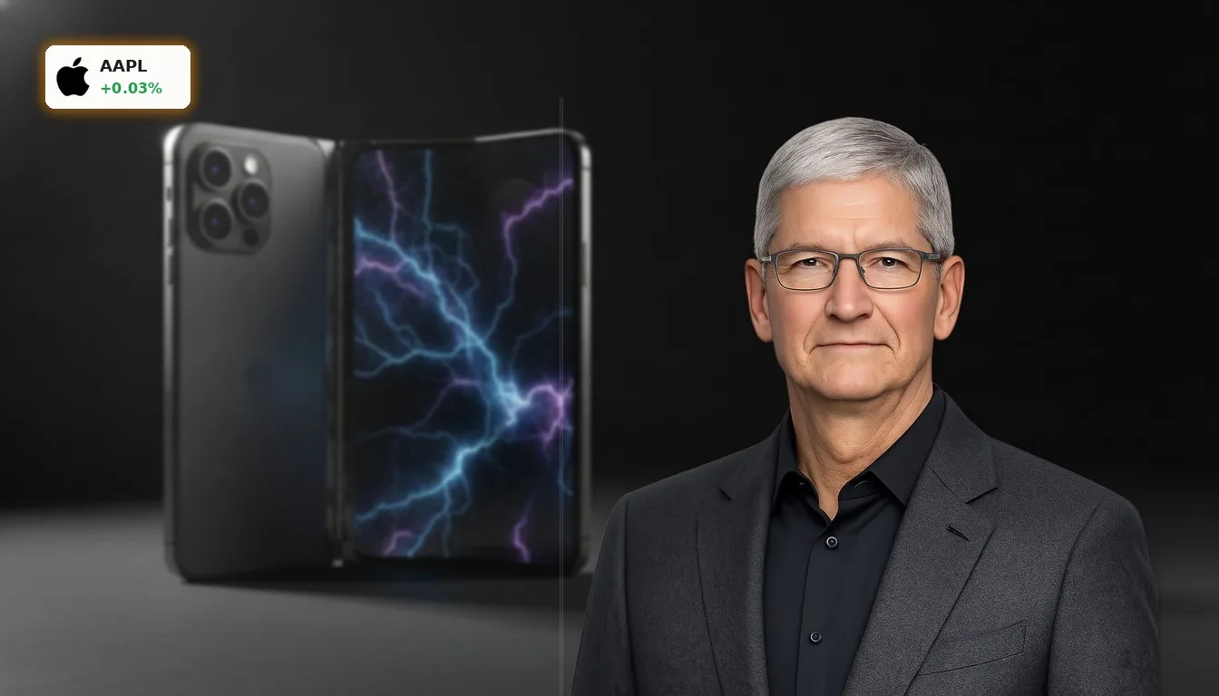 Apple CEO Wechsel: John Ternus übernimmt in Zeiten der KI-Herausforderung 4 Ein futuristisches faltbares Smartphone mit KI-Muster auf dem Bildschirm, symbolisch für den Apple CEO Wechsel und neue Technologien.